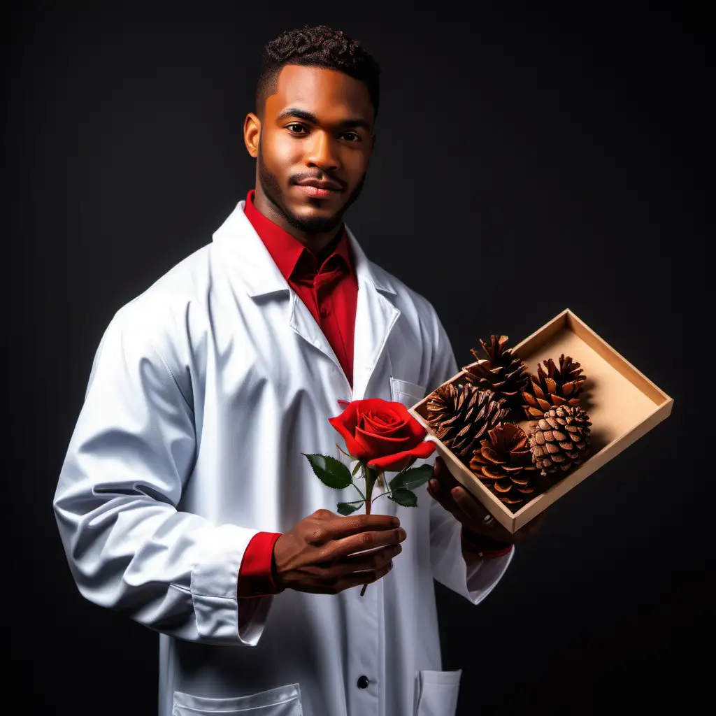 create a image of an African American male Perfumer in a perfumer coat holding a red rose in right hand pine cone in left hand

