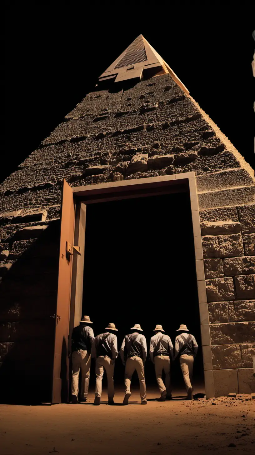 Night Exploration Five Men Entering Ancient Pyramid