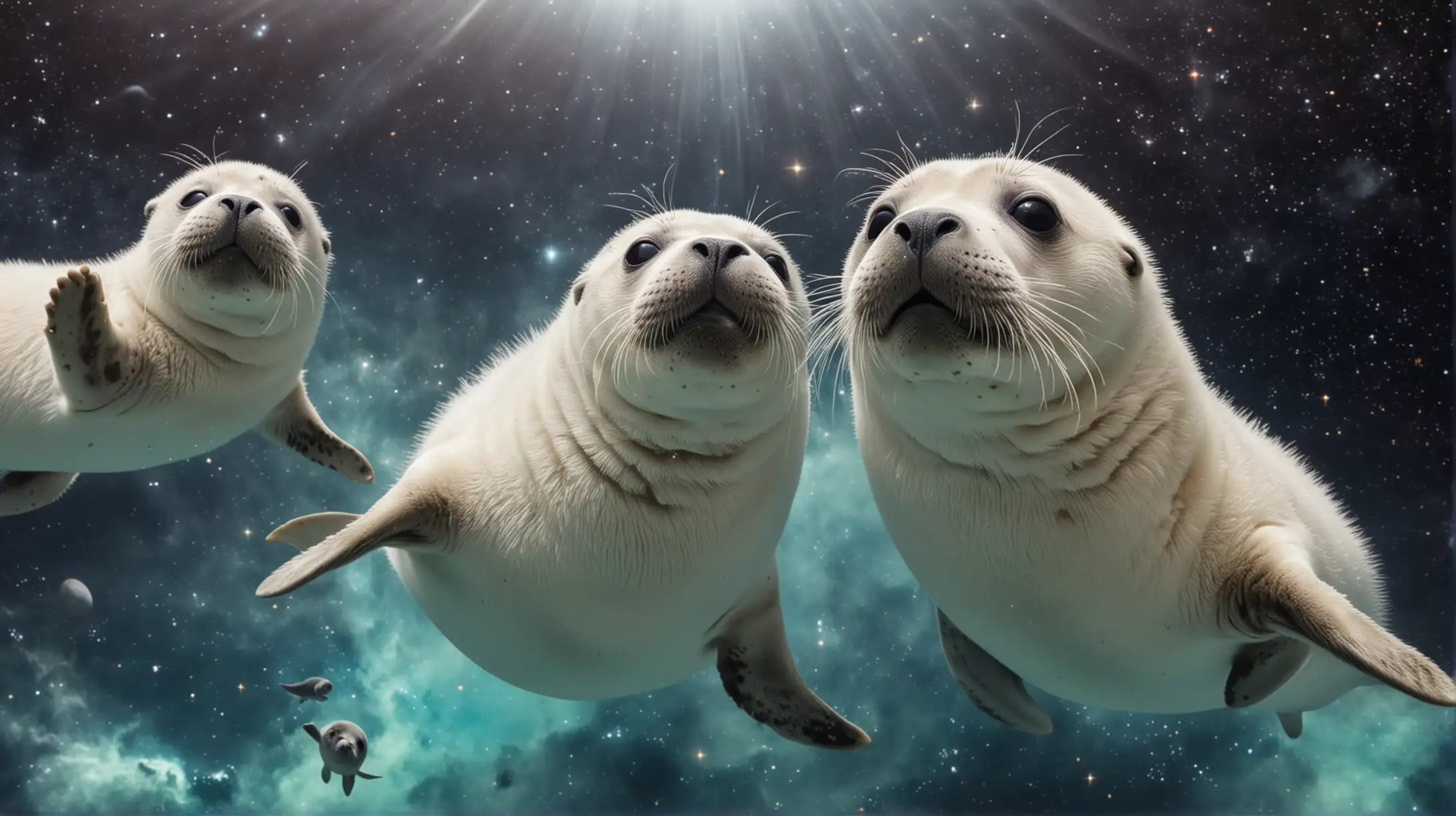 Tranquil Scene Serene Baby Seals Swimming with Their Mother in Space