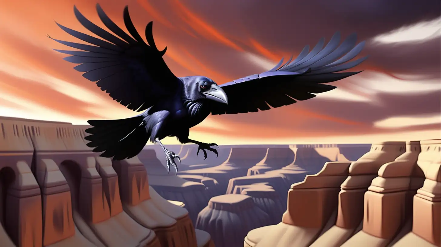 Raven flying over canyons, dramatic sky, sunset