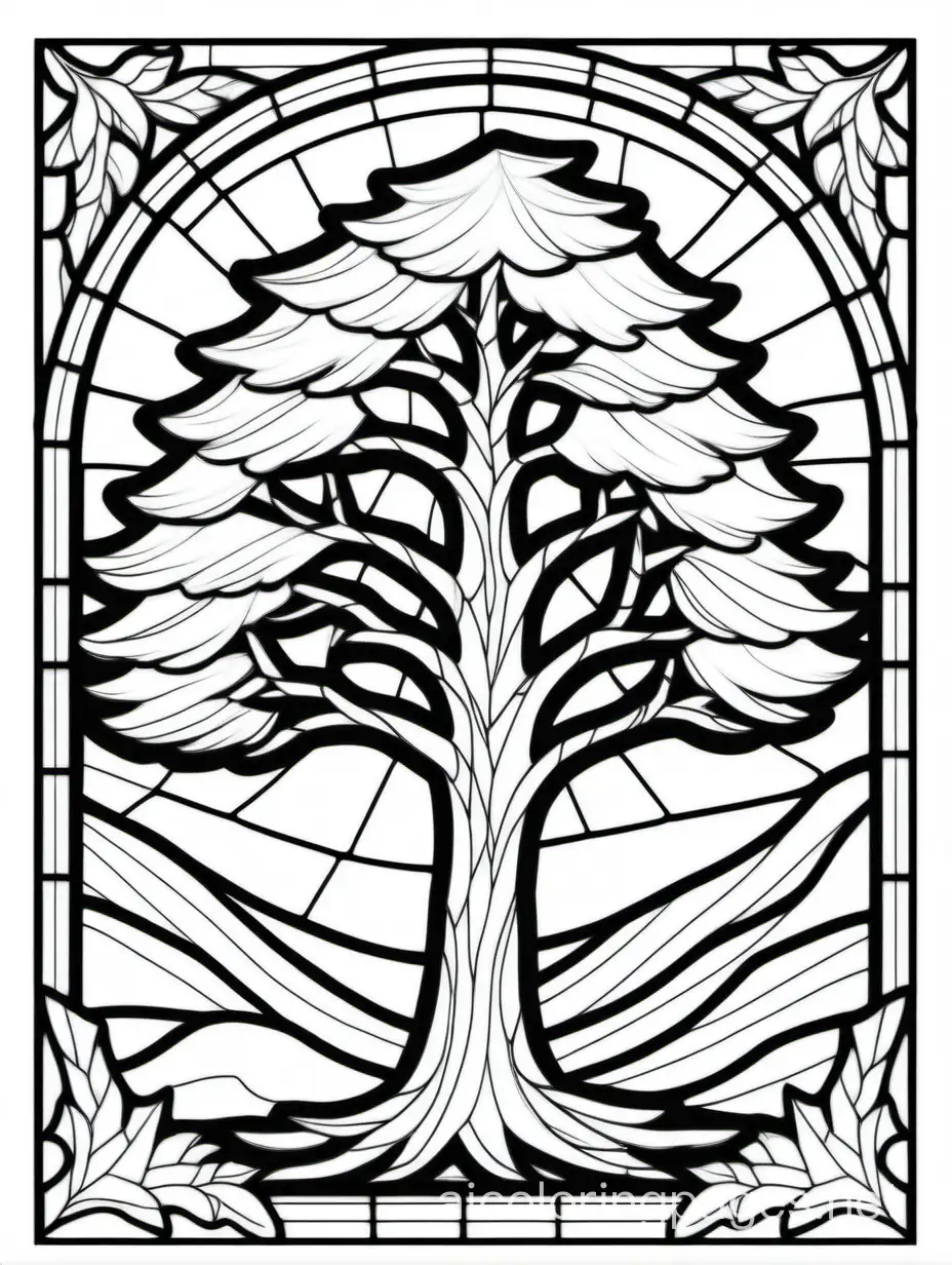 STAINED GLASS WINDOW OF A PINE TREE, Coloring Page, black and white, line art, white background, Simplicity, Ample White Space. The background of the coloring page is plain white to make it easy for young children to color within the lines. The outlines of all the subjects are easy to distinguish, making it simple for kids to color without too much difficulty