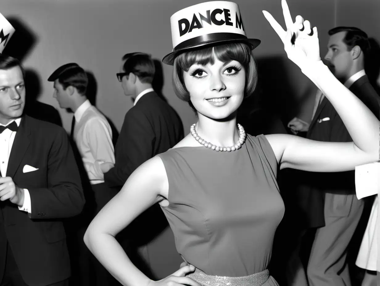 1960s vintage photograph of dance party woman wearing a block M hat