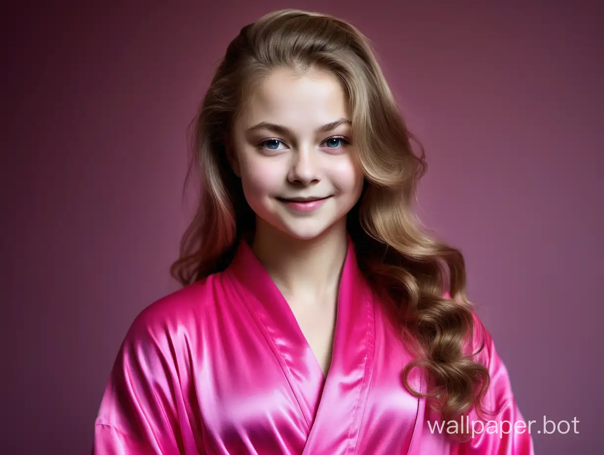 Yulia Lipnitskaya with her hair down in a royal bright pink silk robe smiles