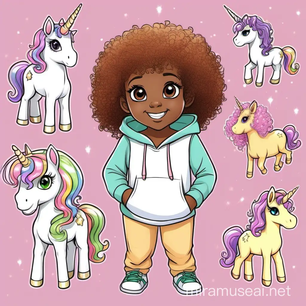 Sweet Little Girl Emmanuel in Unicorn Onesie with Curly Hair and Big Eyes