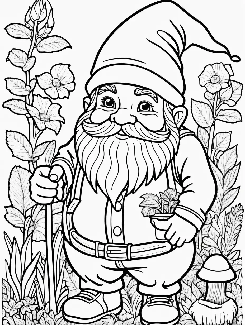 coloring page for kids, gnome gardening, thick lines, low detail, no shading