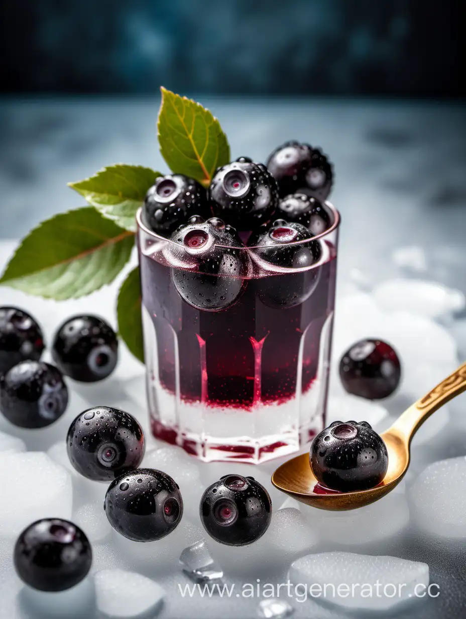 Aronia on with water drops antique white background with juice in glass spoon on ice cube
