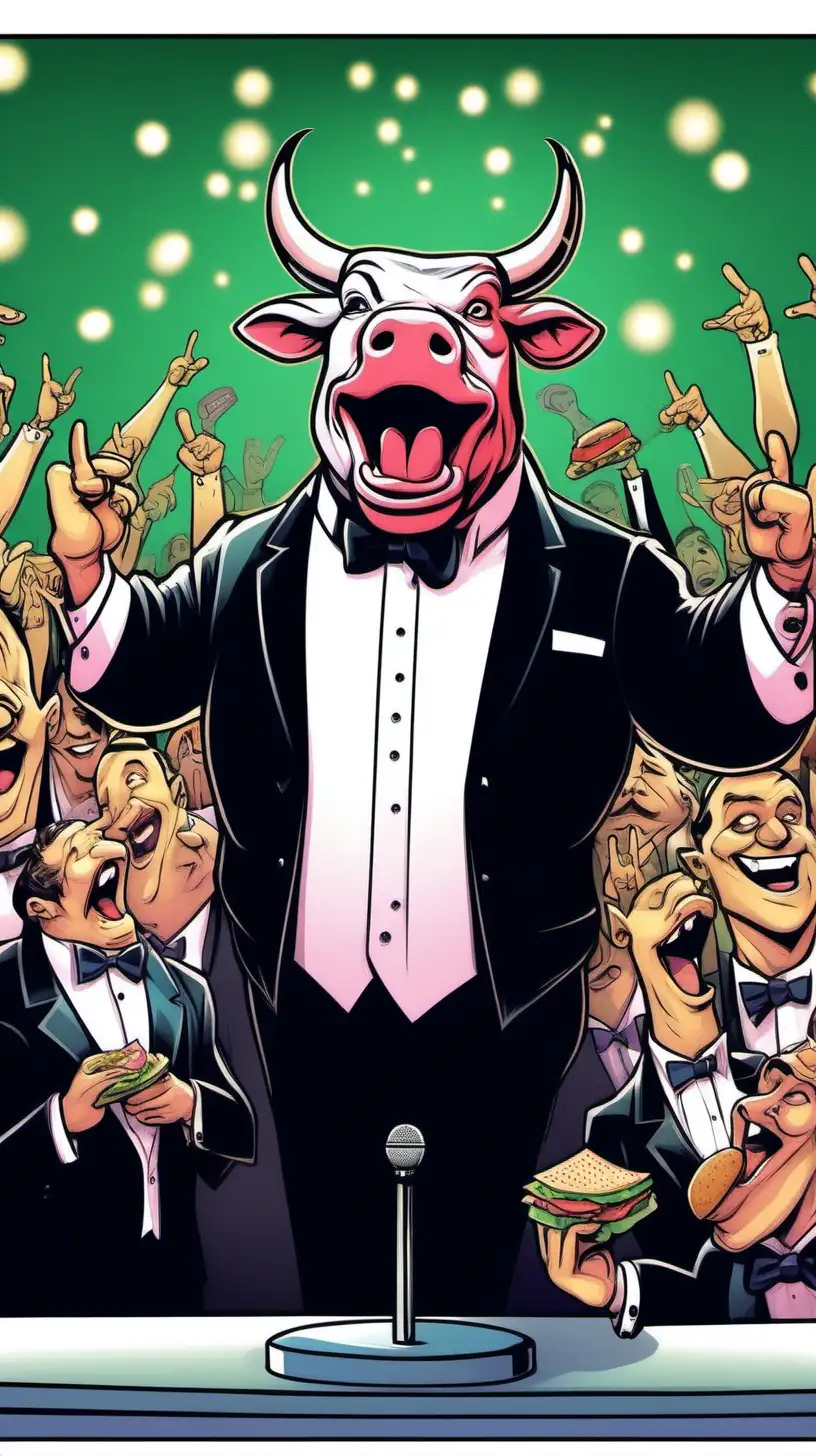cartoony,  color .   In a nightclub, a bull  wearing a tuxedo sings mouth open  into a microphone that is on a stand in front of him.  He has his ARMS OUTSTRECTECHED and HOLDS A SANDWICH IN EACH HAND.