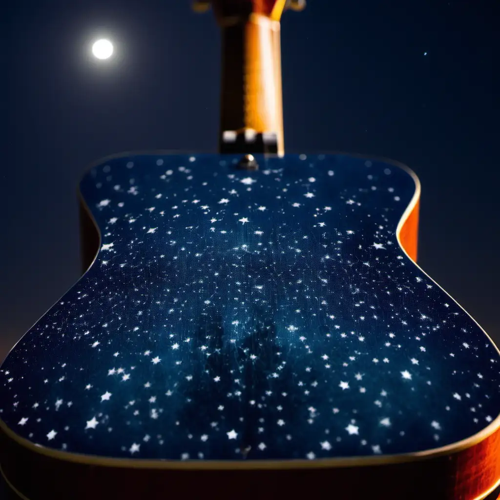 the night sky reflected on the back of a guitar

