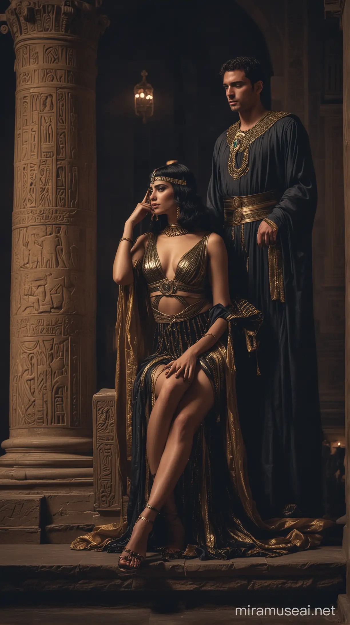 Cleopatra Romance Scene Young Woman in Dark Palace Atmosphere