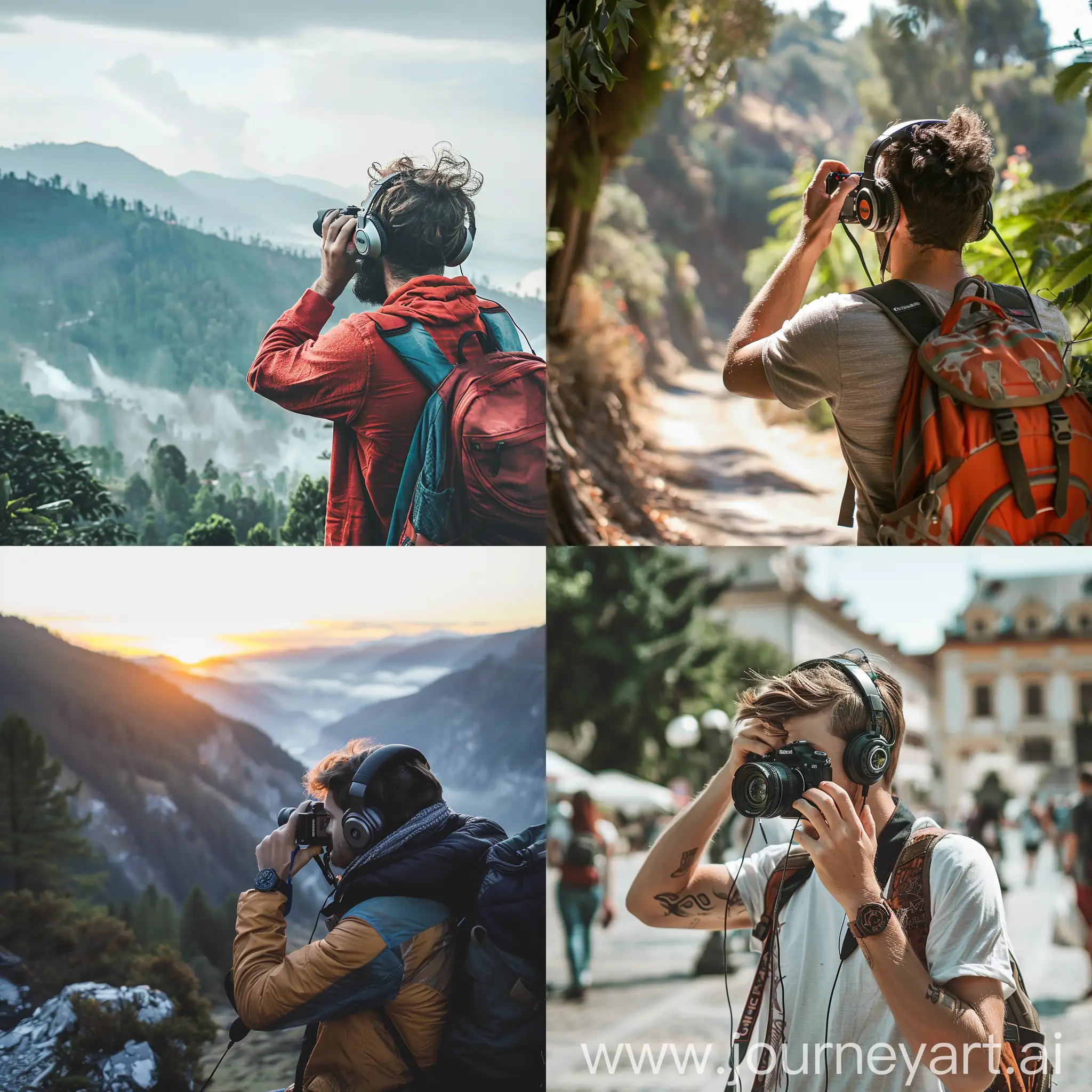 an traveller man taking headphone and camera to capture the beauty scene