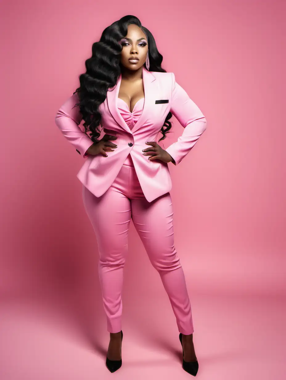A real african american grown woman with long wavy black hair extension light glam makeup and a professional pink suit on she has a skinny waist and wide hips 