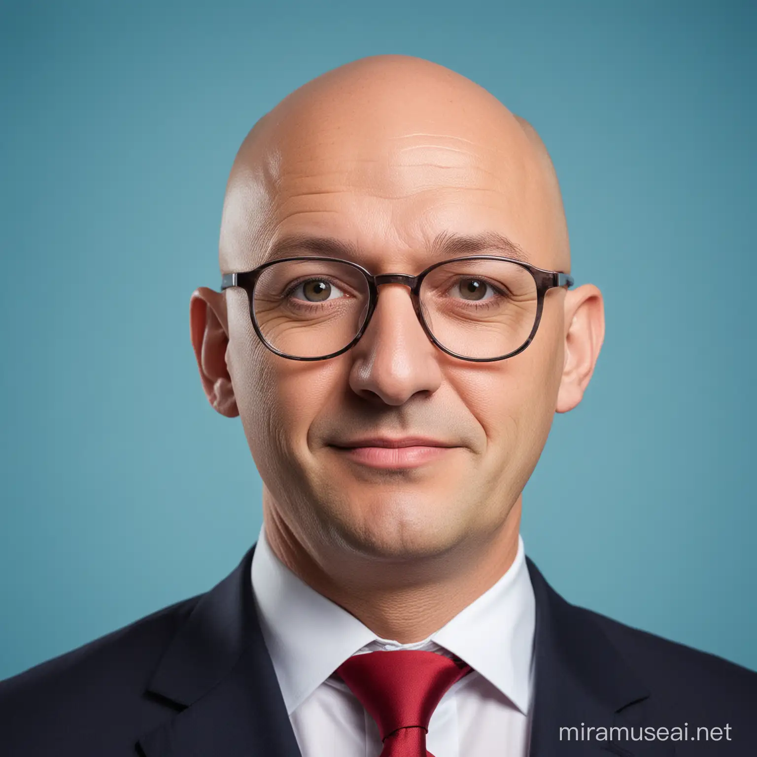 Político hombre con cara redonda calvo con gafas pequeñas con fondo azul