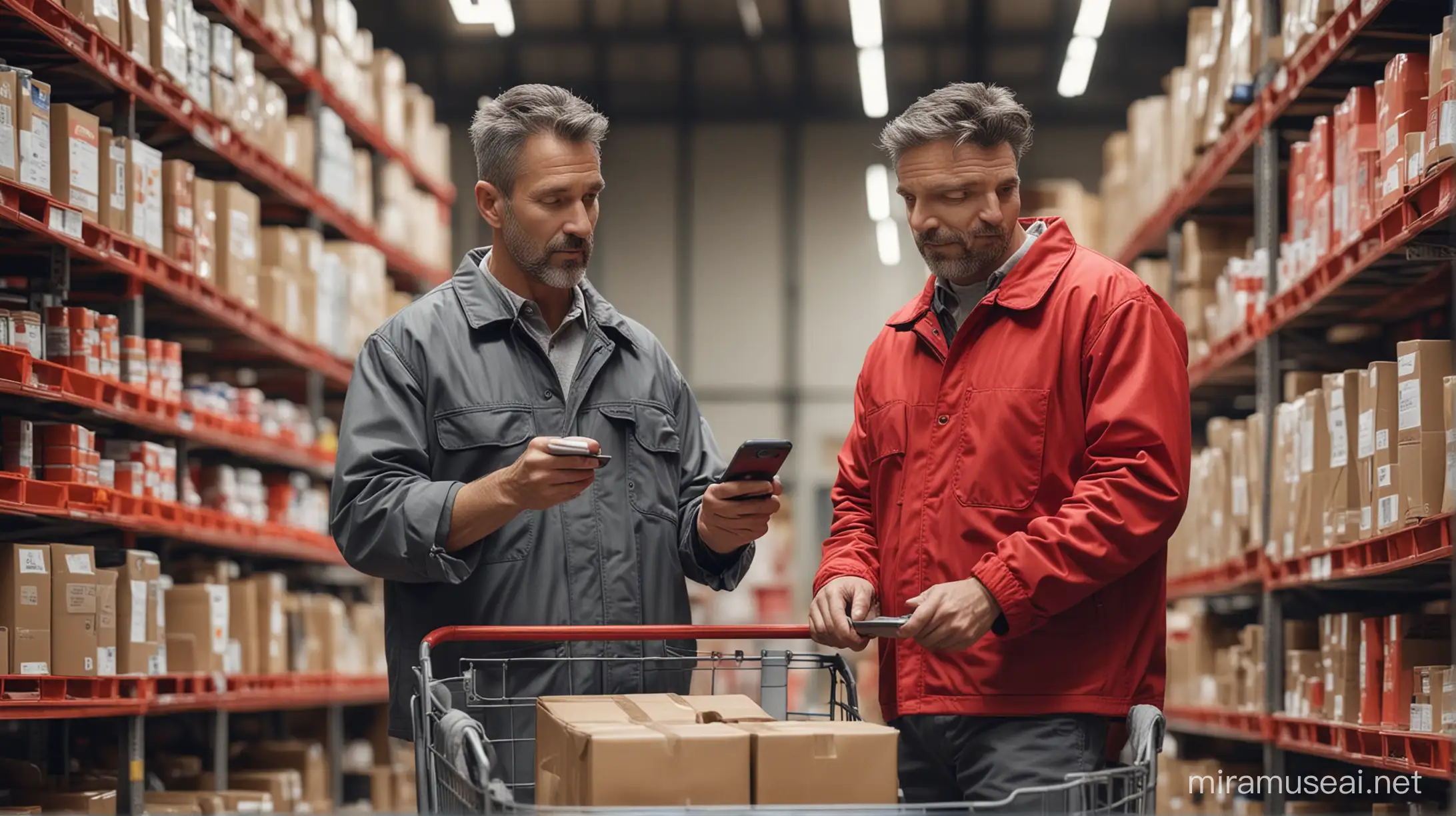 middle aged retail worker dressed in red, in the back of a warehouse holding a pda and looking at various products in a cart. Next to the worker there is a middle aged man dressed in grey utility clothes looking at the same products. Bokeh, photorealistic, intricately detailed, film, grain, beautiful photogenic