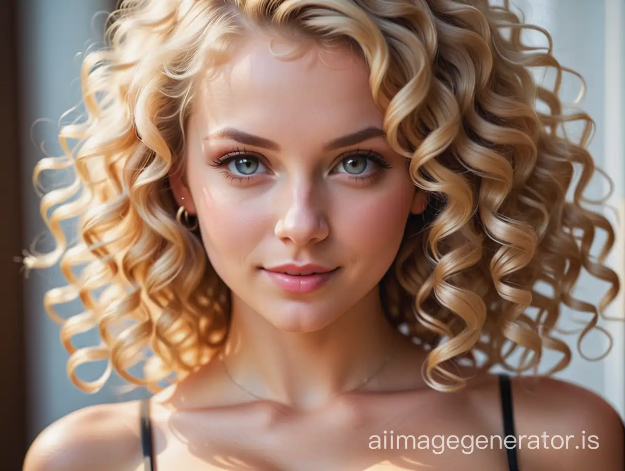 Photograph of a sexy 25 year old blonde with curls. slim. huge breasts. slight smile. Extreme Close up portrait. Professional photograph, perfect skin, soft light, natural light, rim light, 80mm lens. Realistic photograph. Realism.