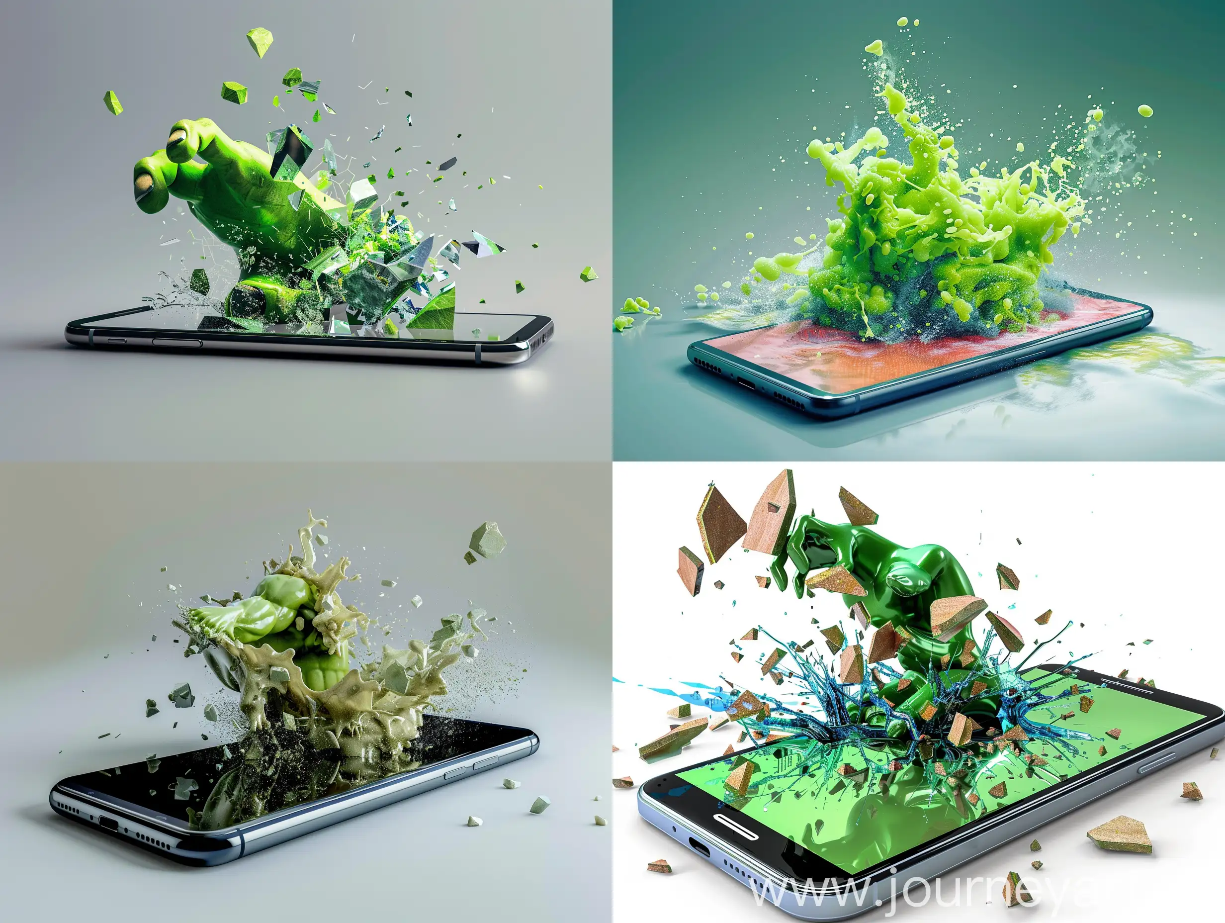 一张智能手机的照片，屏幕中有一个3D突出的绿巨人正在破屏而出，采用超现实主义风格的图像。