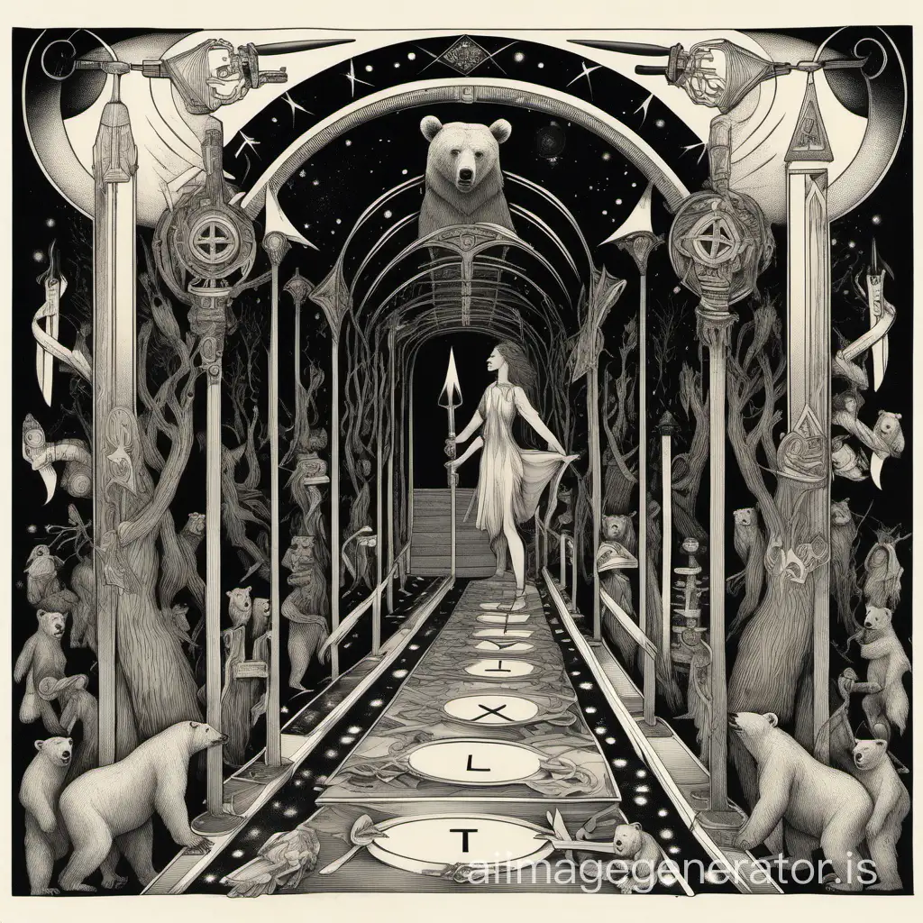 Mythological-Tarot-Card-Women-Bears-and-Infinite-Hallways-in-Black-and-White-Lithography