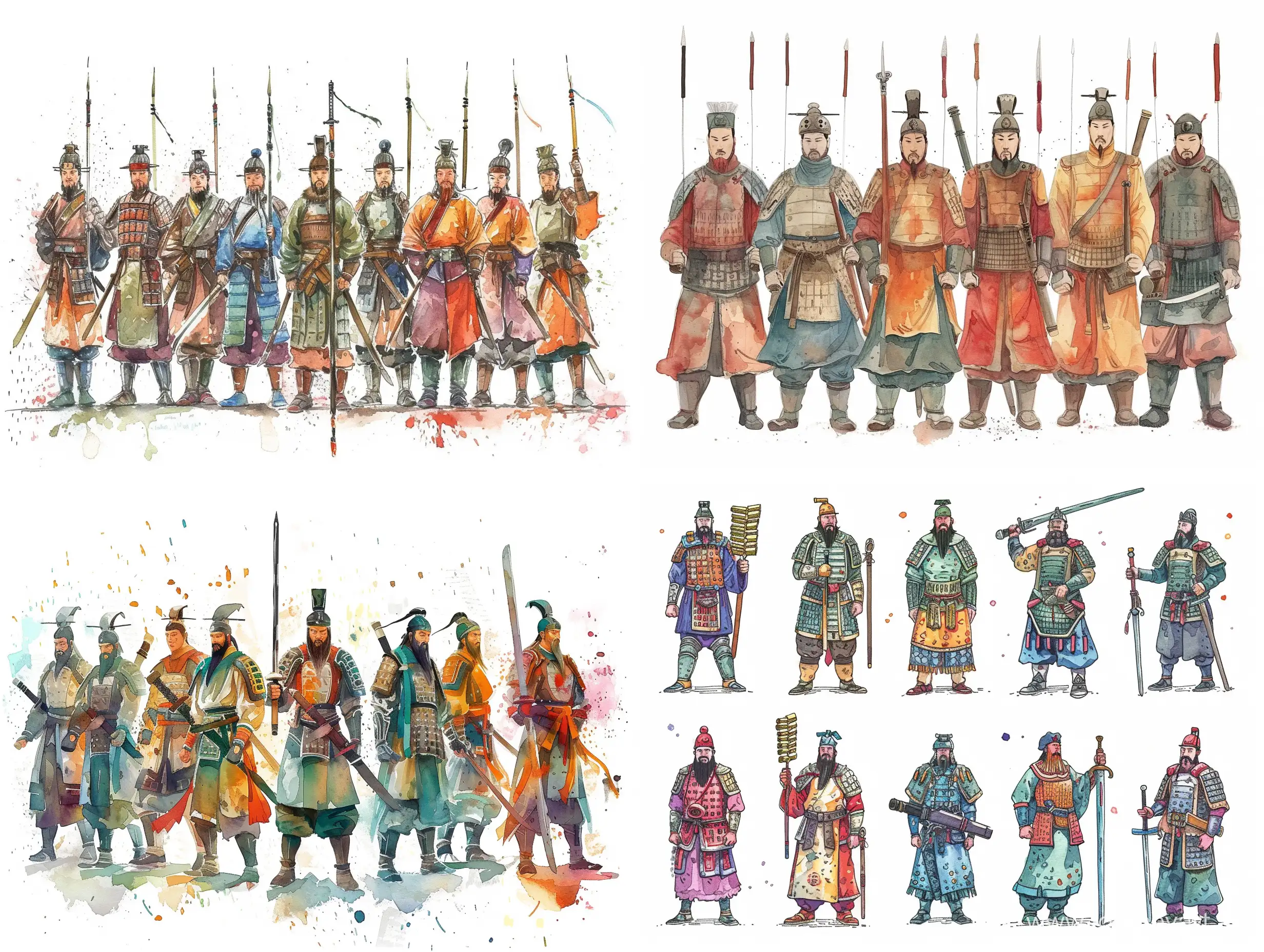 Nine-Ancient-Chinese-Warriors-in-Vibrant-Watercolor-and-Ink-Illustration