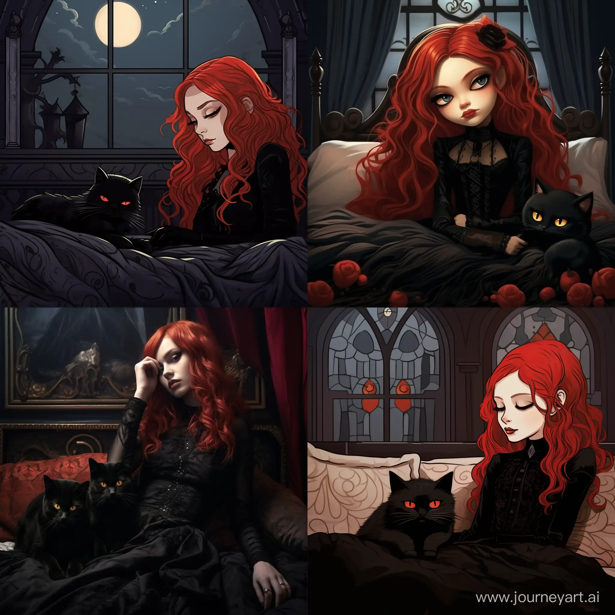 RedHaired-Gothic-Girl-Sleeping-Beside-a-GothicStyle-Cat