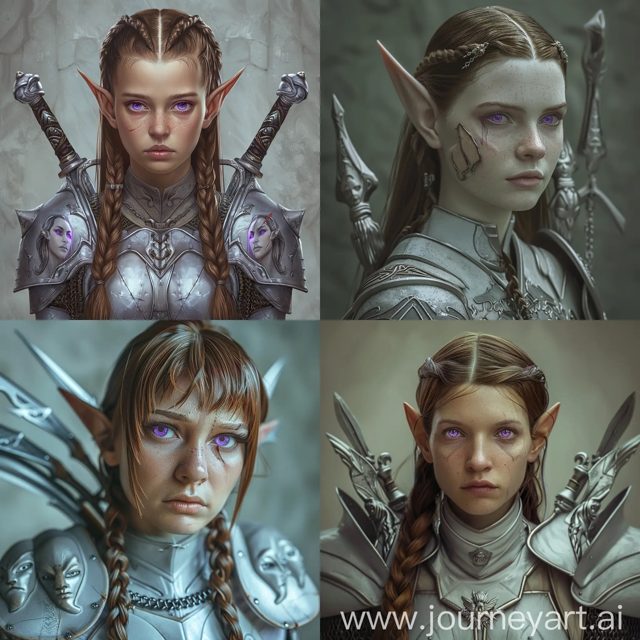 An elf girl with straight, medium-length brown hair, braided in a tight ponytail so as not to limit her view during combat, with piercing purple eyes, youth is present on her face, not yet overshadowed by enormous combat experience, her face does not resemble modern beauty standards, her comeliness contrasts with her purple gaze with the weight of the past and the burden the responsibilities heaped on her. Her skin is ivory-colored, and her face has a small number of small battle scars. She is dressed in a silvery elven chain mail that does not restrict movement with a high throat and beautiful shoulder pads with the faces of crying women. and behind her back are silver paired scimitars. Looking into the camera, waist photo portrait, fantasy realistic style