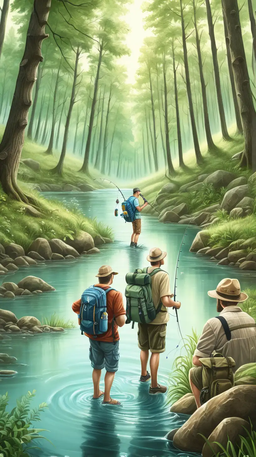 Forest Fishing Expedition Men with Backpacks and Water Bottles