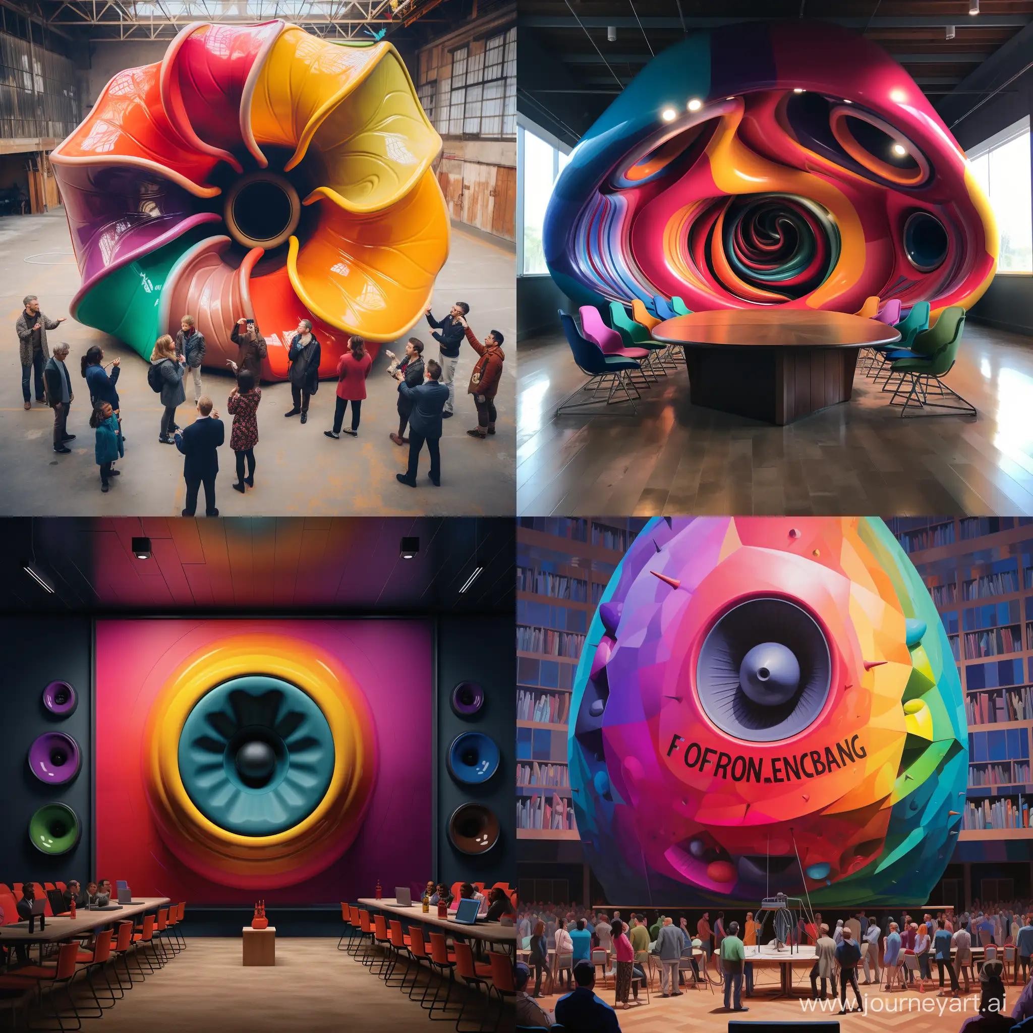 A giant mega speakerphone labeled "FIRST MEETING" with captivating colors
