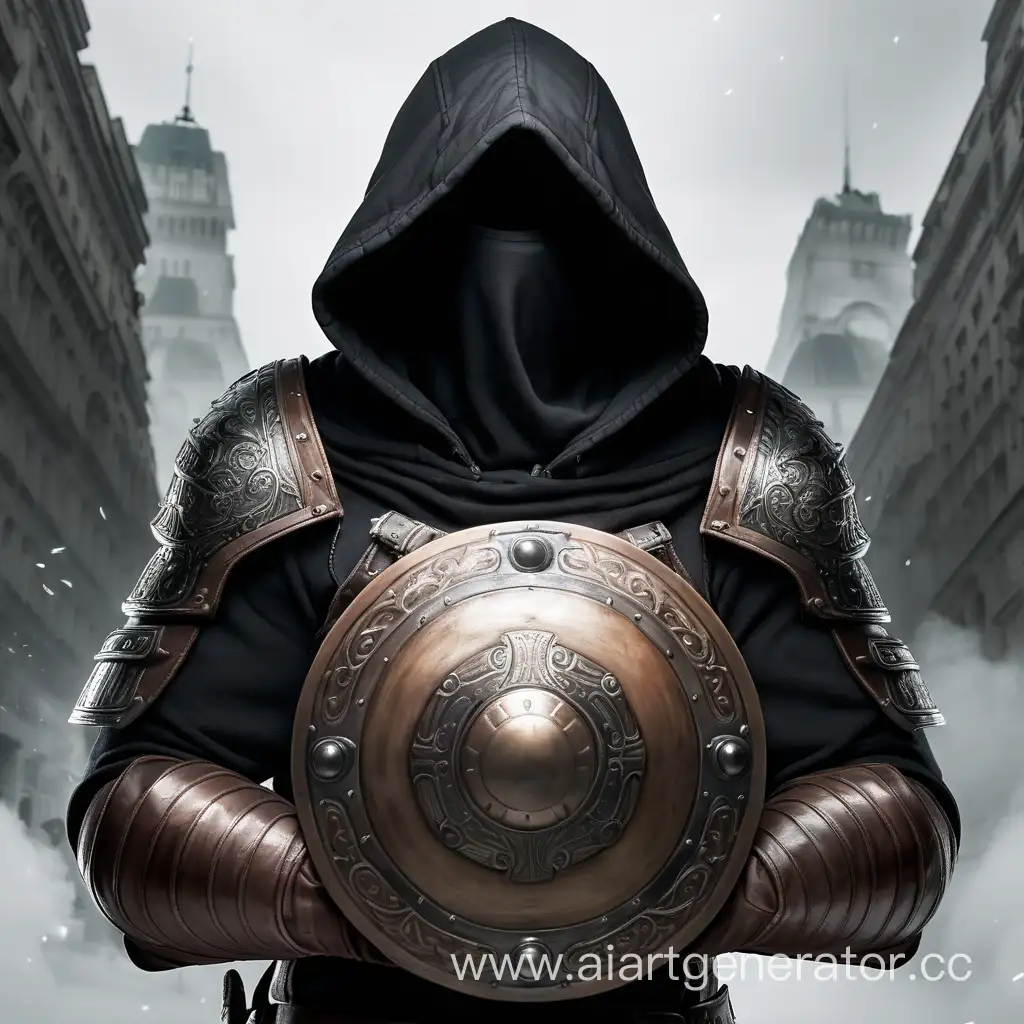 Man, dual wielding shields, hood, hidden face