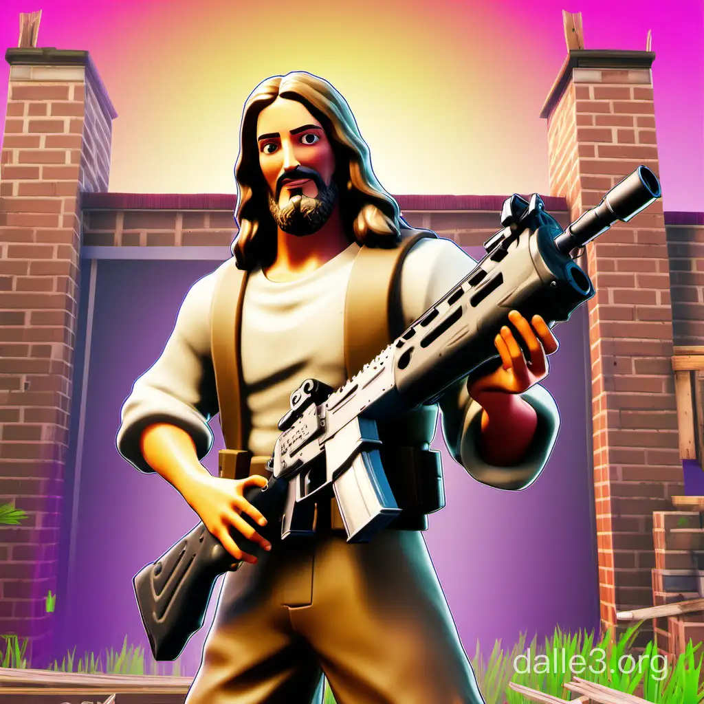 Jesus in Fortnite carrying a gun cranking 90s building Battle Royale