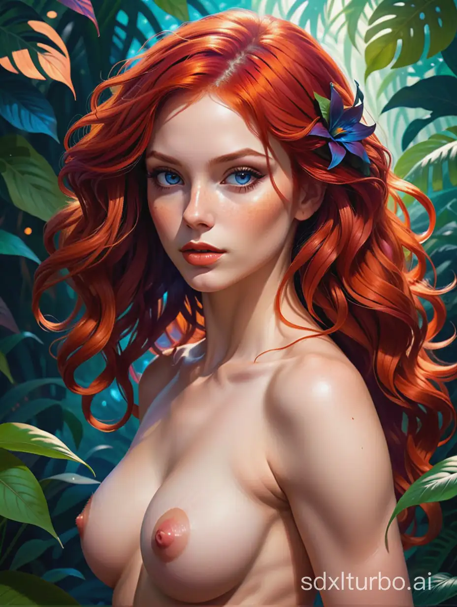 Beautiful nude woman with fiery red hair, deep-blue eyes, sultry dark lips, statuesque dancer’s body, fantasy flowers in the background, in the style of Artgerm, in the jungle, psychedelic sci-fi artwork --ar 3:4 --stylize 900