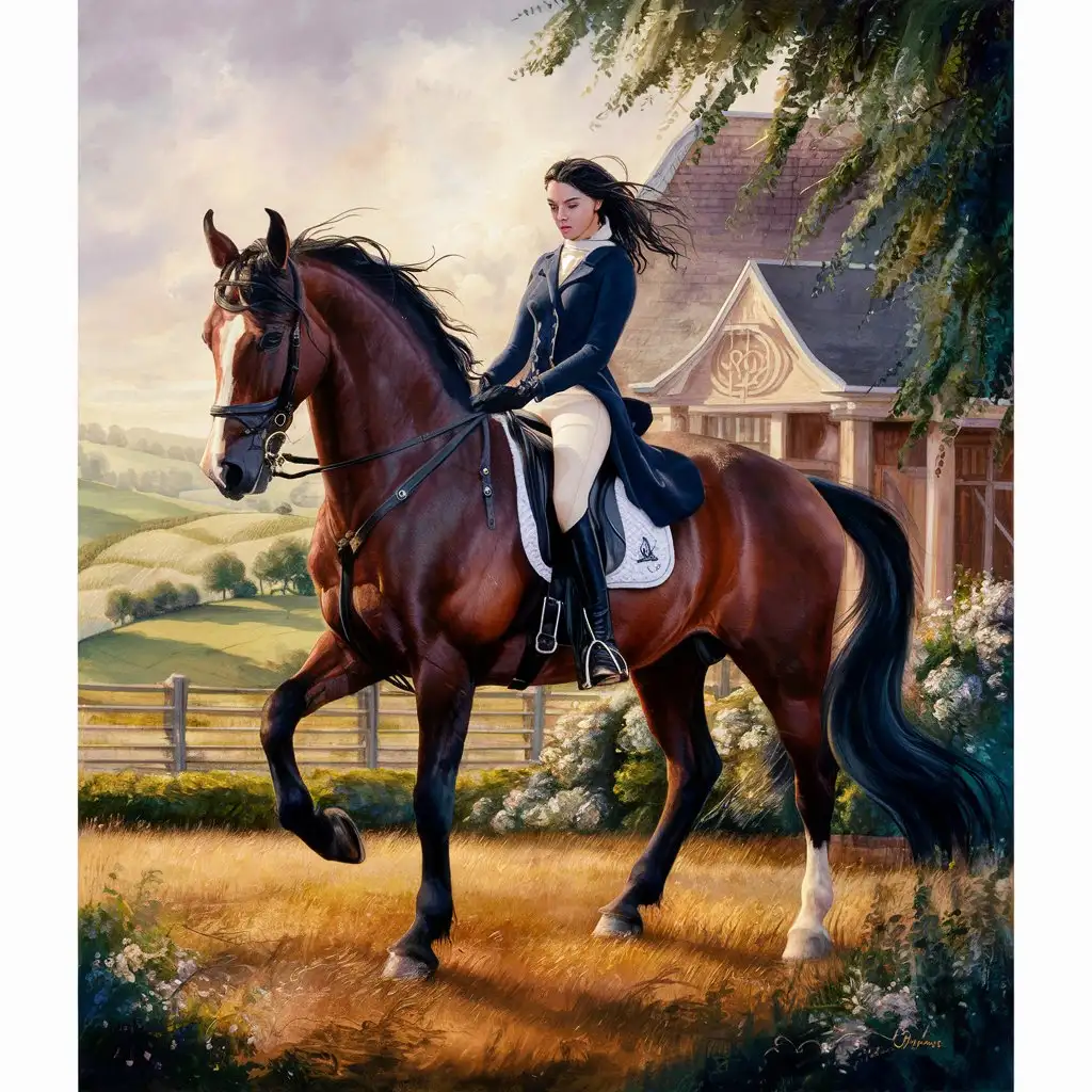 vista desde la jinete mujer de un caballo.  un pequeño barn lujoso al fondo. se ve el paisaje a través de las orejas del caballo. 