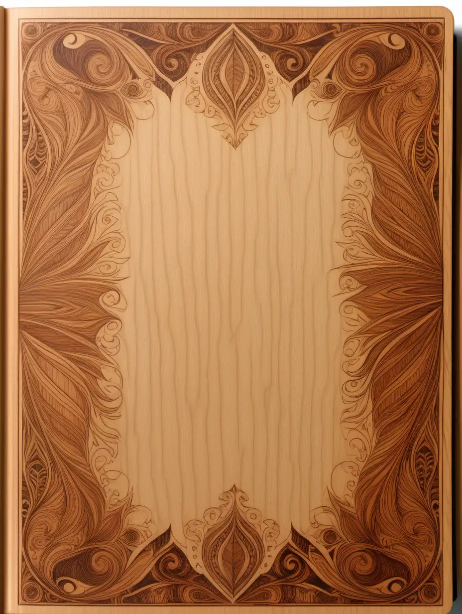 front aligned view of the border of small designs on a blank book covered in wood grain veneer