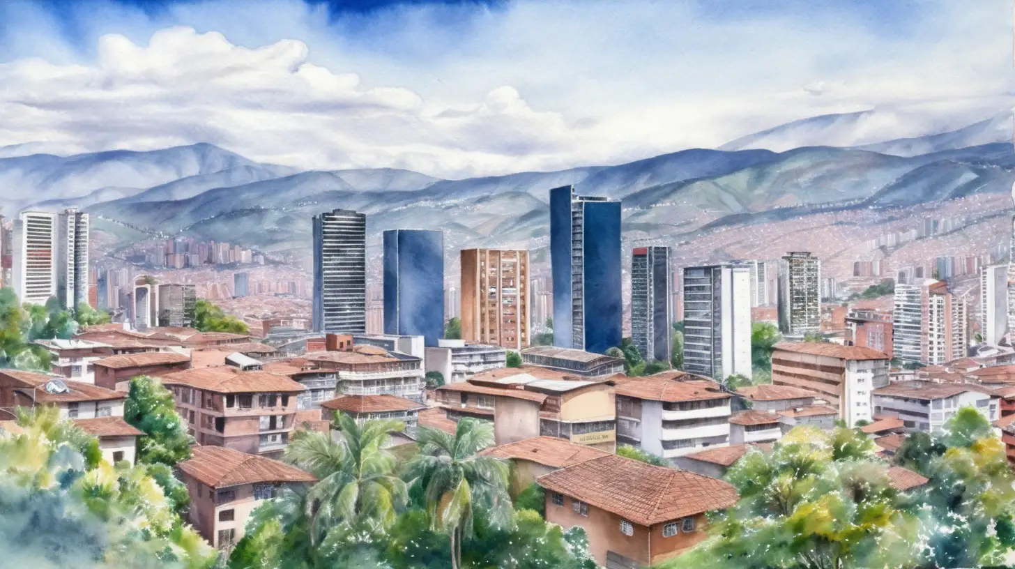 Mesmerizing Medellin Skyline in Watercolor