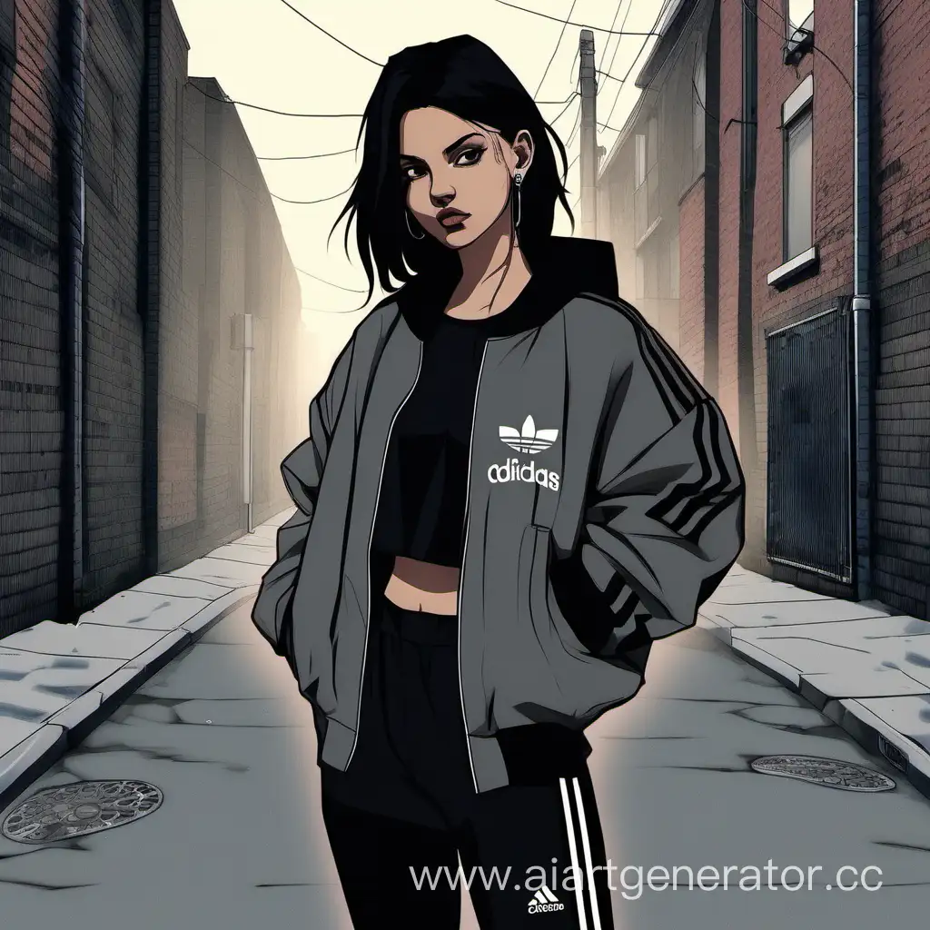 DarkHaired-Girl-in-Oversized-Bomber-and-Black-Adidas-Pants-on-a-Nostalgic-PlayStation2Style-Dark-Street