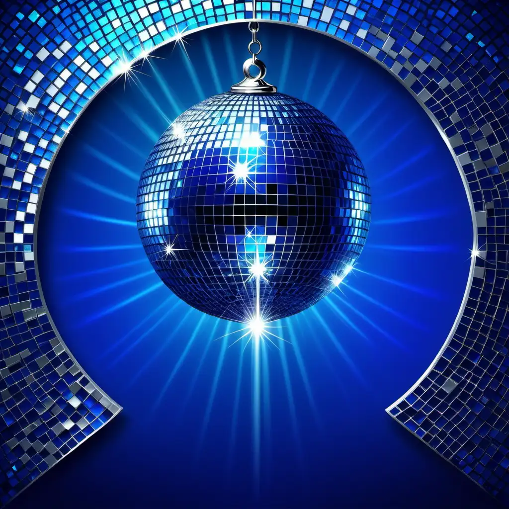 Royal blue background with silver mosiac looking glass with a disco ball