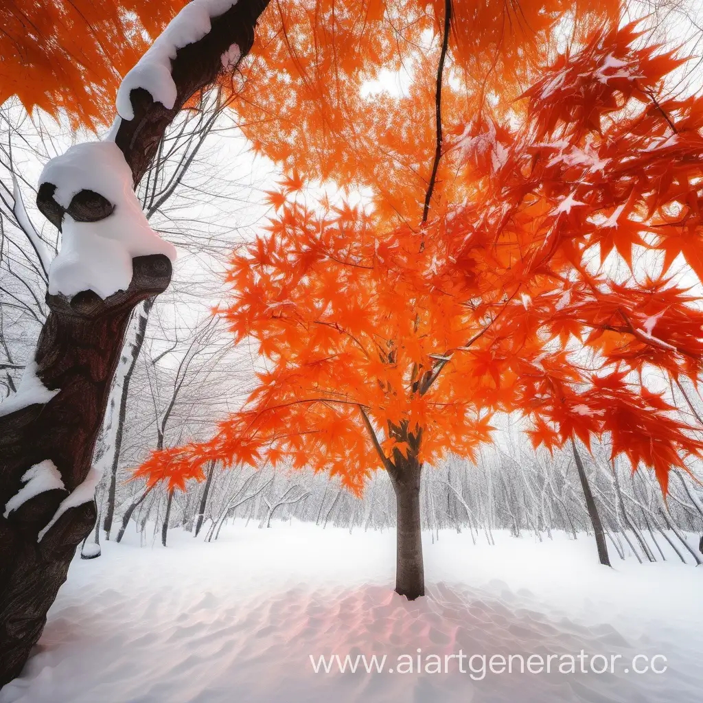 Scenic-Winter-Landscape-Maple-with-Beautiful-Orange-Leaves