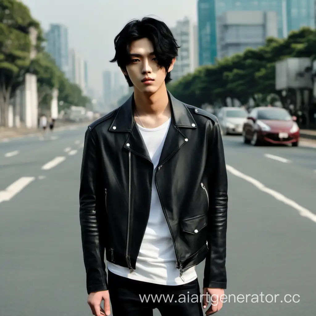 молодой корейский парень с черными волосами средней  длины, стоит посреди дороги в черной кожаной куртке