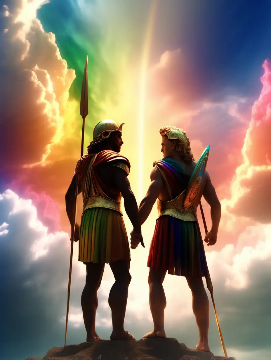 Achilles and Patroclus in Heavenly Rainbow Clouds Masterpiece Art
