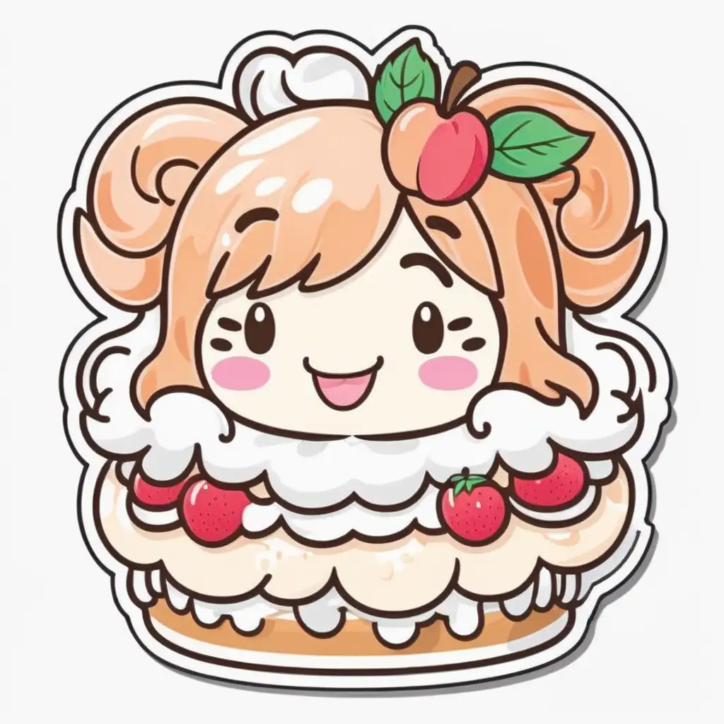 Sticker, Laughing KAWAII peach shortcake with Whipped Cream Hair, food illustration, mixed 
styles, contour, vector, white background