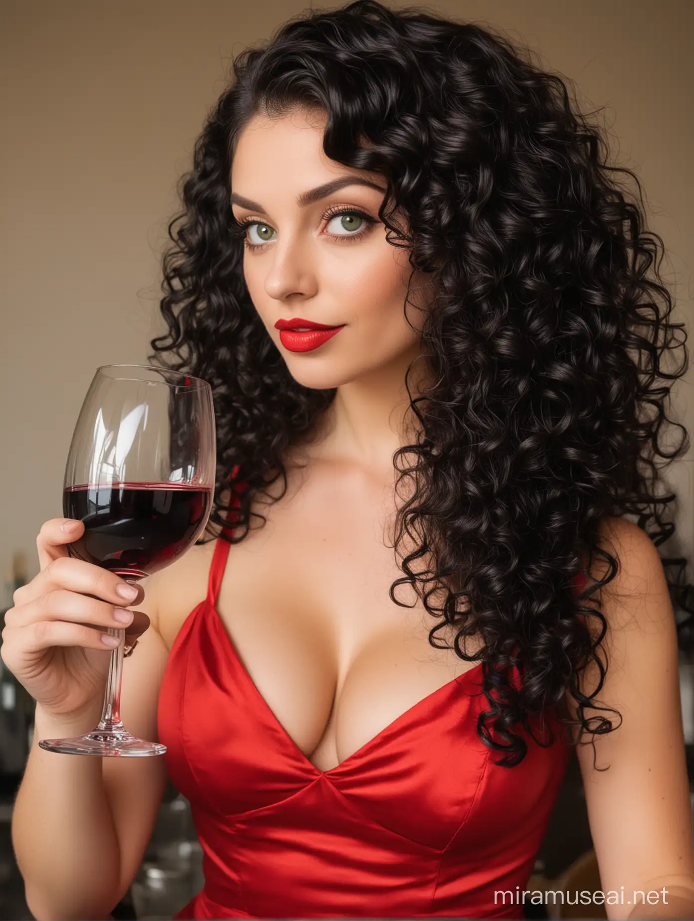 a woman with green eyes and a long black curly hair and red lipstick, she's wearing a red dress with tail and is holding a glass of wine, the imagem shows from her head until her shoes.