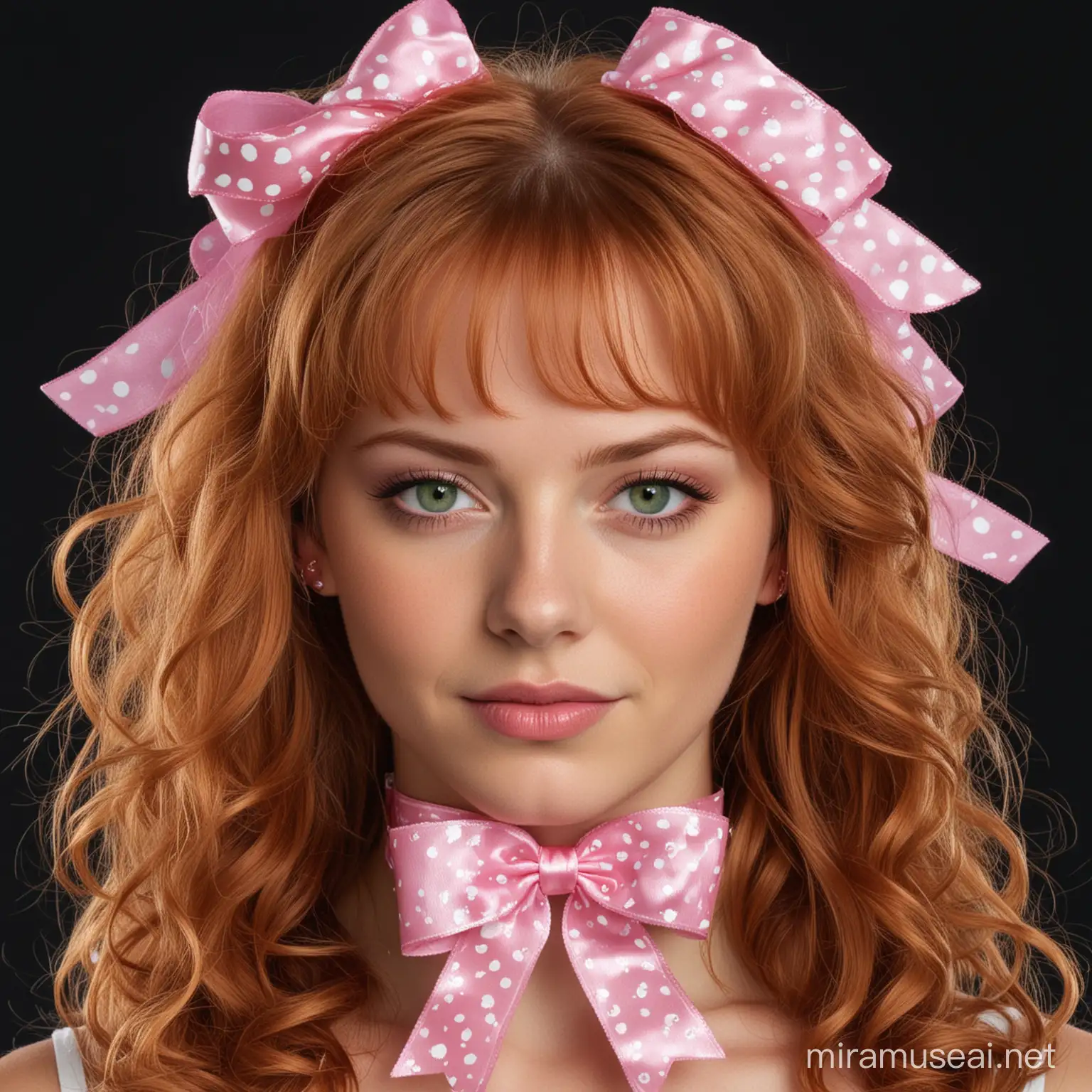 head and shoulder picture of a green eyed woman with ginger hair in pink ribbons and bows, black background