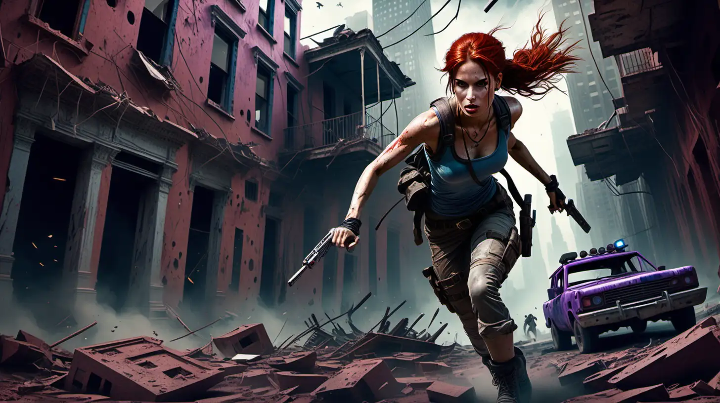 create a post-apocalyptic Manhattan with damaged houses and cars, denial of gravity, all levitating and in the middle a young beautiful redheaded woman armed in the style of Tomb Raider, who hovers over everything. All in motion, Vintage style, color red, purple and blue
