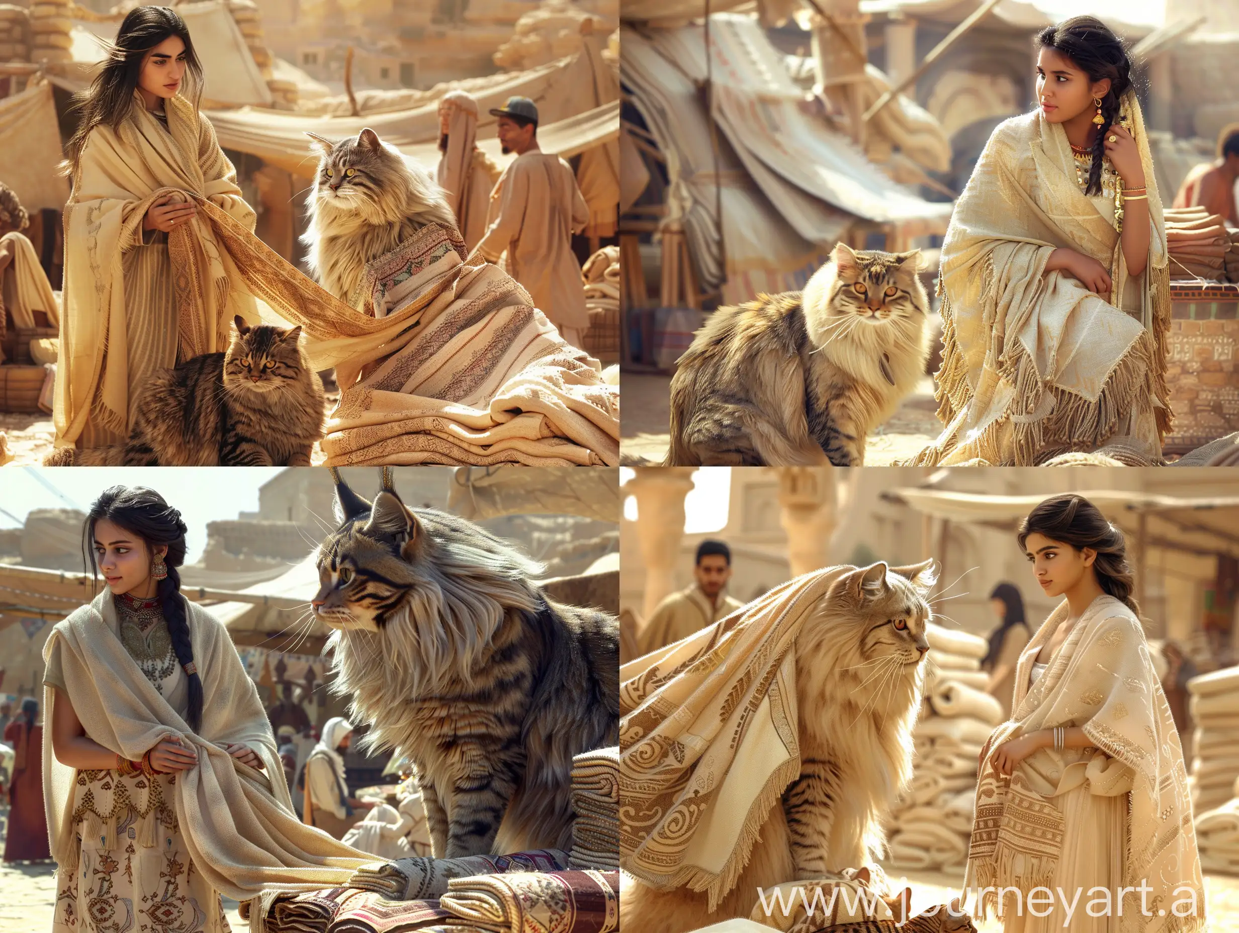 A beautiful young Persian woman in a traditional dress and a cream-colored shawl is selling shawls she has woven in the Arg Bam Bazaar in the Persian Empire, while a giant big Persian cat sits next to her vendor.  The rest of the marketers are also like this. in a desert, in an ancient civilization, cinematic, epic realism,8K, highly detailed, medium shot, upper body, glamour lighting, natural lighting, backlit 