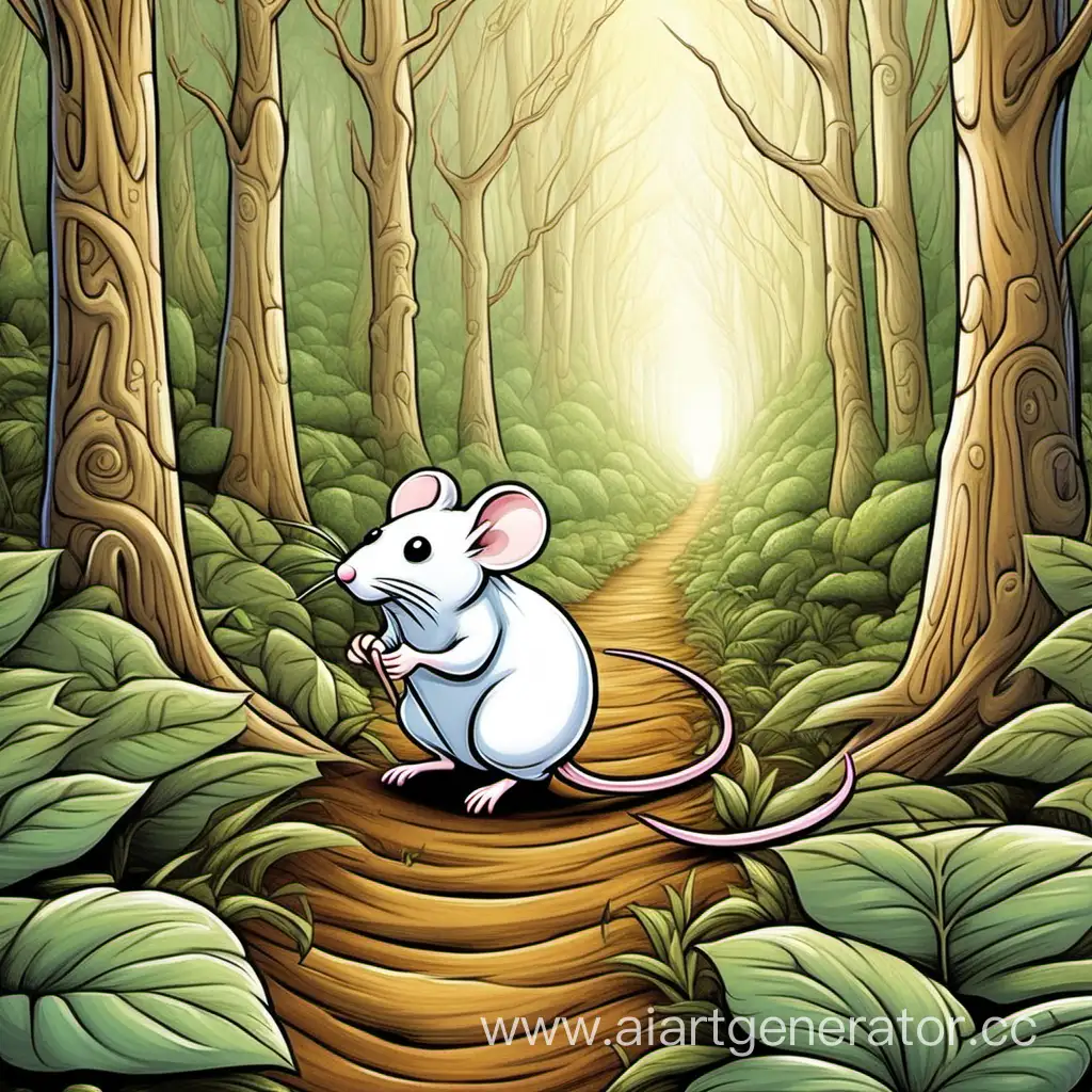 Adventurous-White-Mouse-Embarks-on-Forest-Journey-Cartoonish-Illustration
