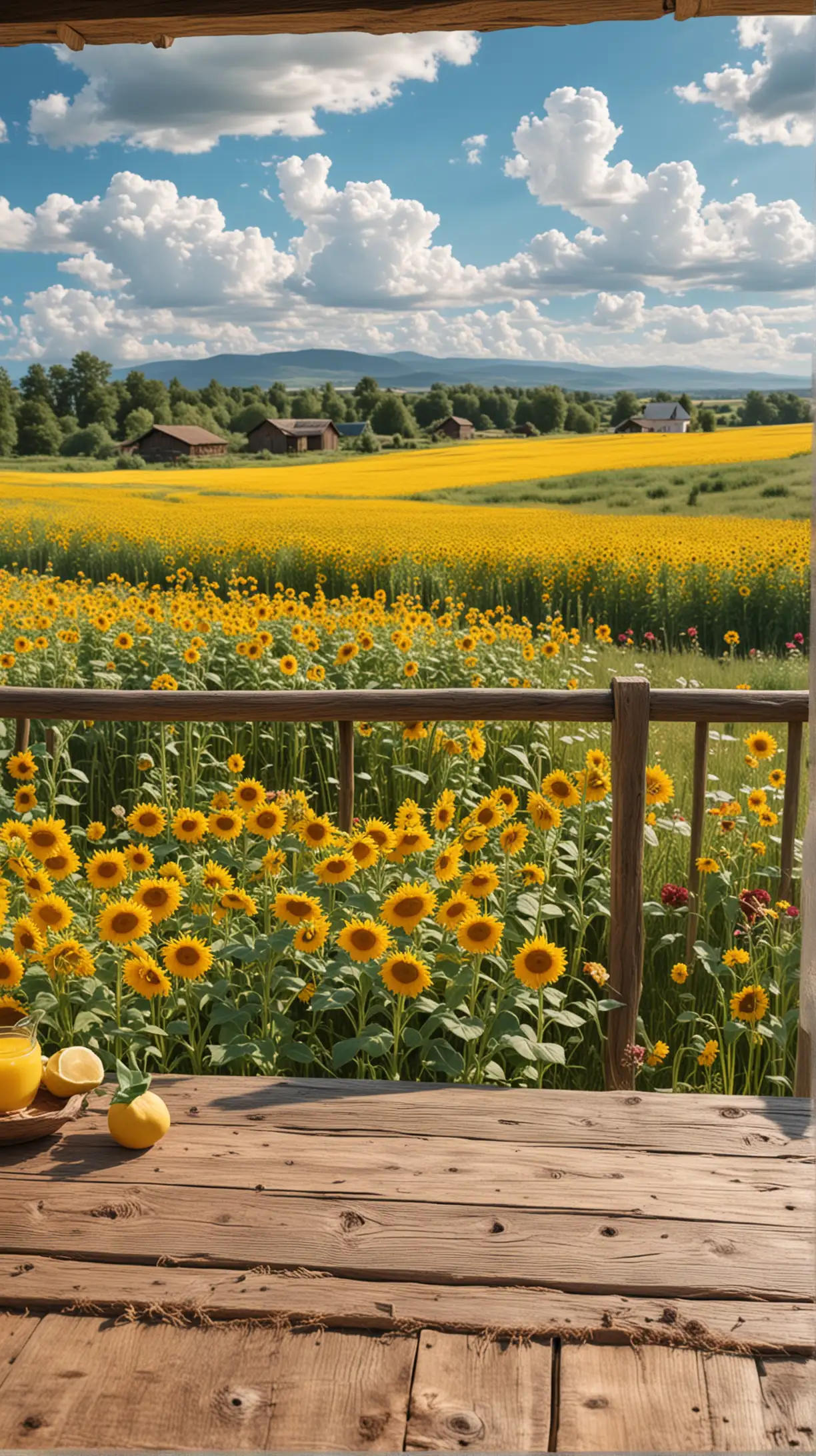 view from balkon hut made of woods and hay roof to meadow full of vibrant variant flowers and sunflowers, Lemonade on wood table, from distance, render 8k, stable diffusion, ultra detailed, acrylic palette colors, realistic, illustration, photography style, beautiful sky and fluffy clouds,

