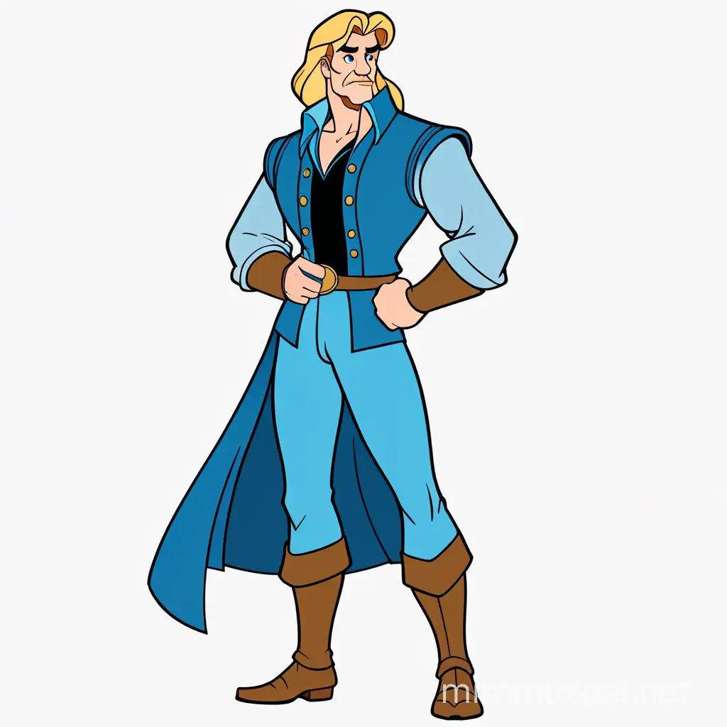 john smith from disney, blond hair and blue clothes, full body, full shot, minimalist, vector art, colored illustration with a black outline, Arthur TV series style