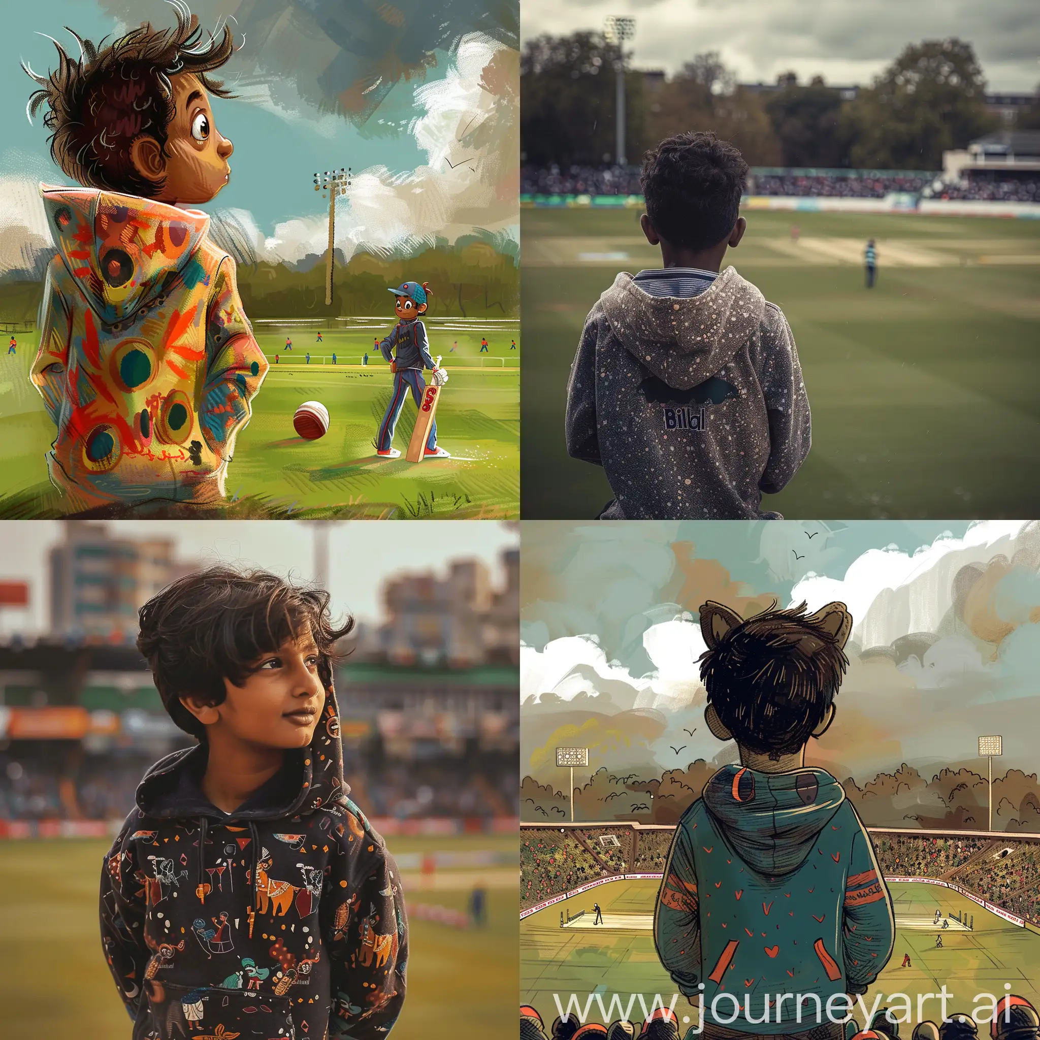 A young boy name Bilal wearing rad hoodie watching cricket match