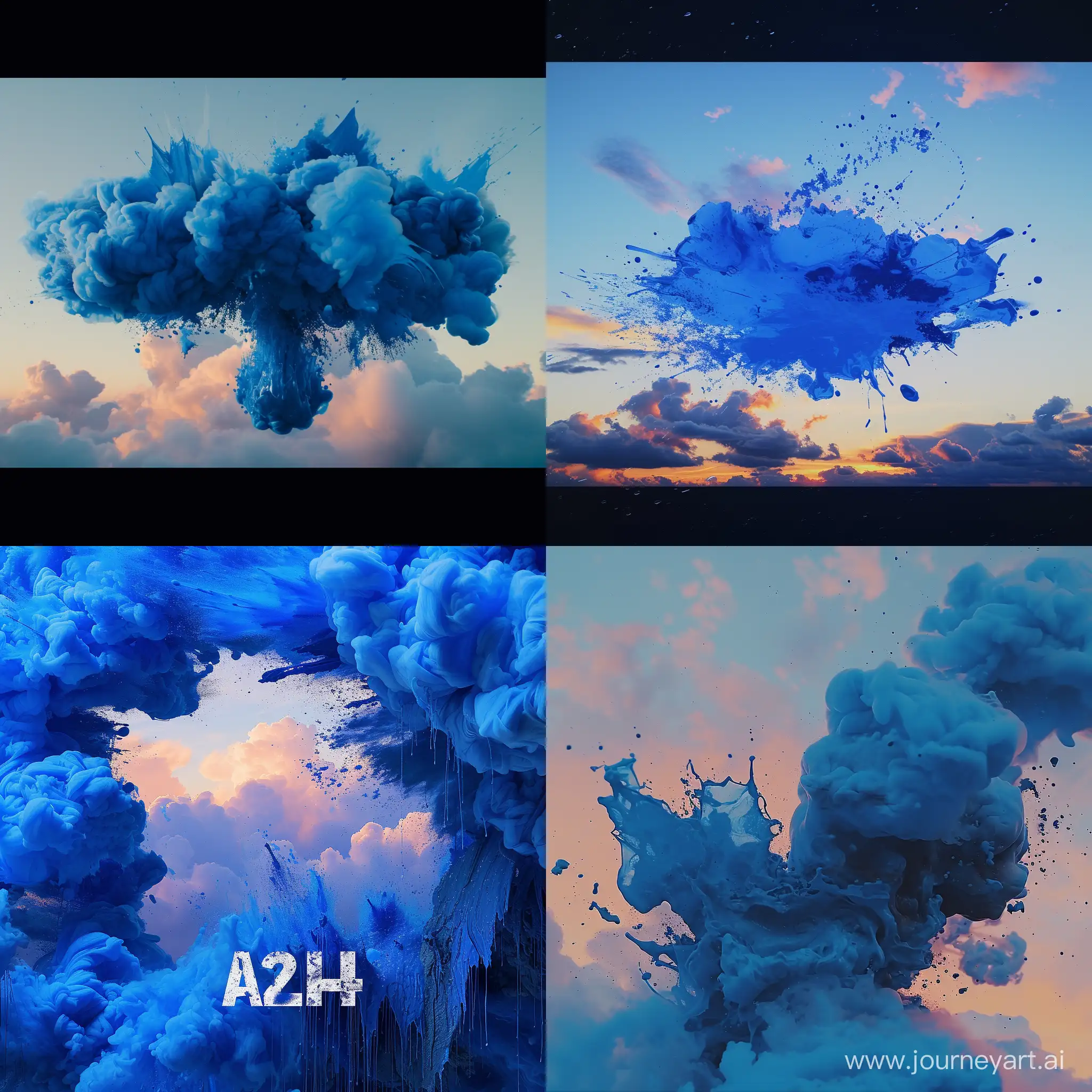 still photo of the cloud from a24 movie, film, artefacts of jpeg, sunset, dreamcore, dreamy, add some paint strike or splash across whole photo, with thick blue paint 