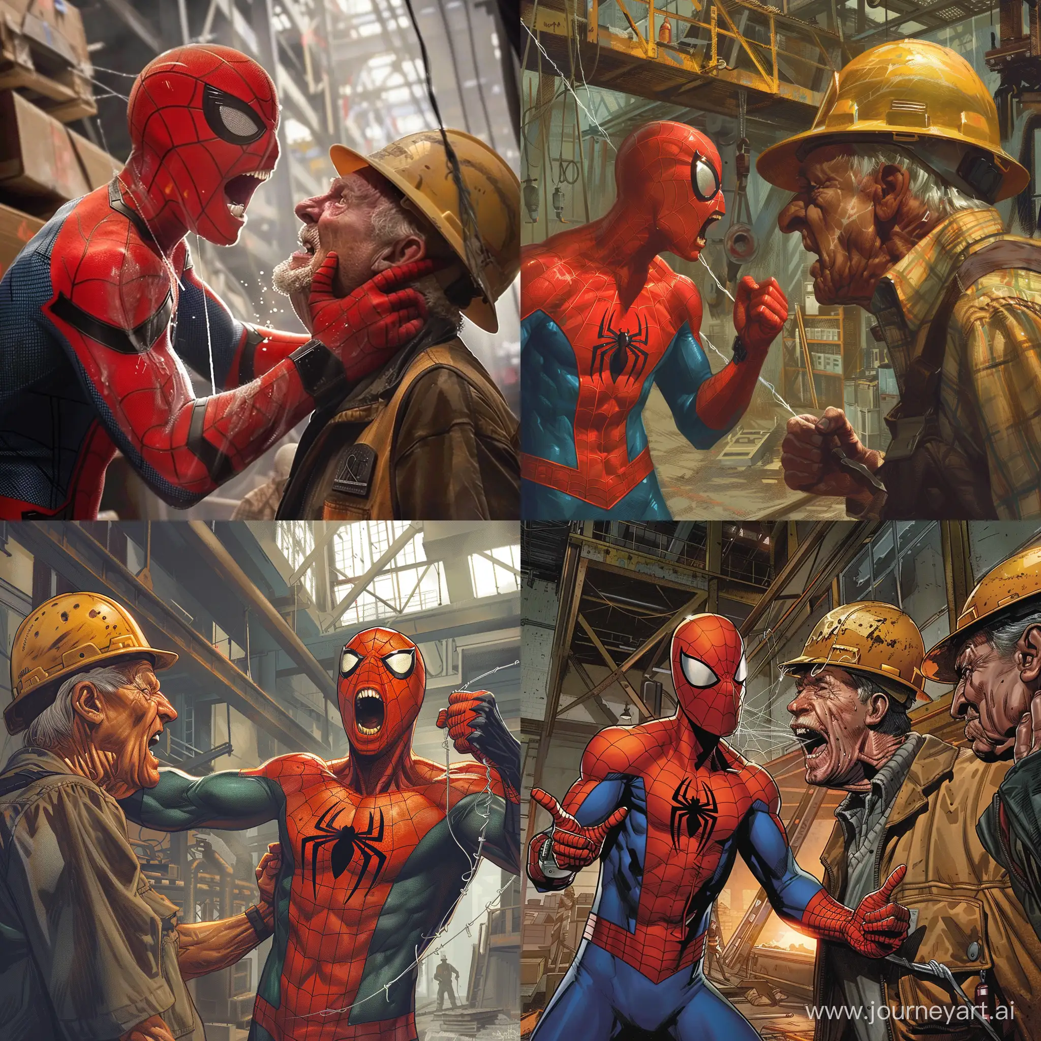 Spiderman being yelled at by an elderly construction worker in a factory