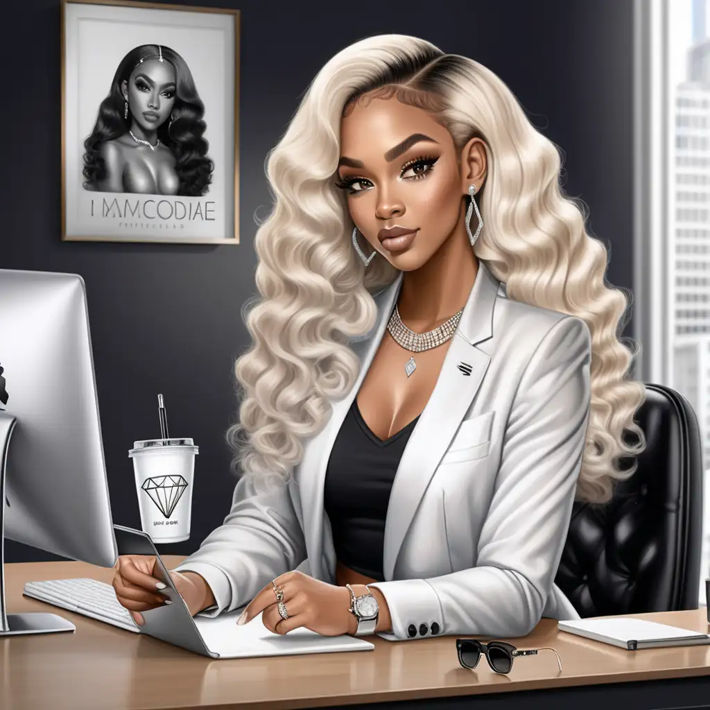 Stylish Black Boss Babe at Glam Office Desk with Platinum Blonde Body Wave Hair