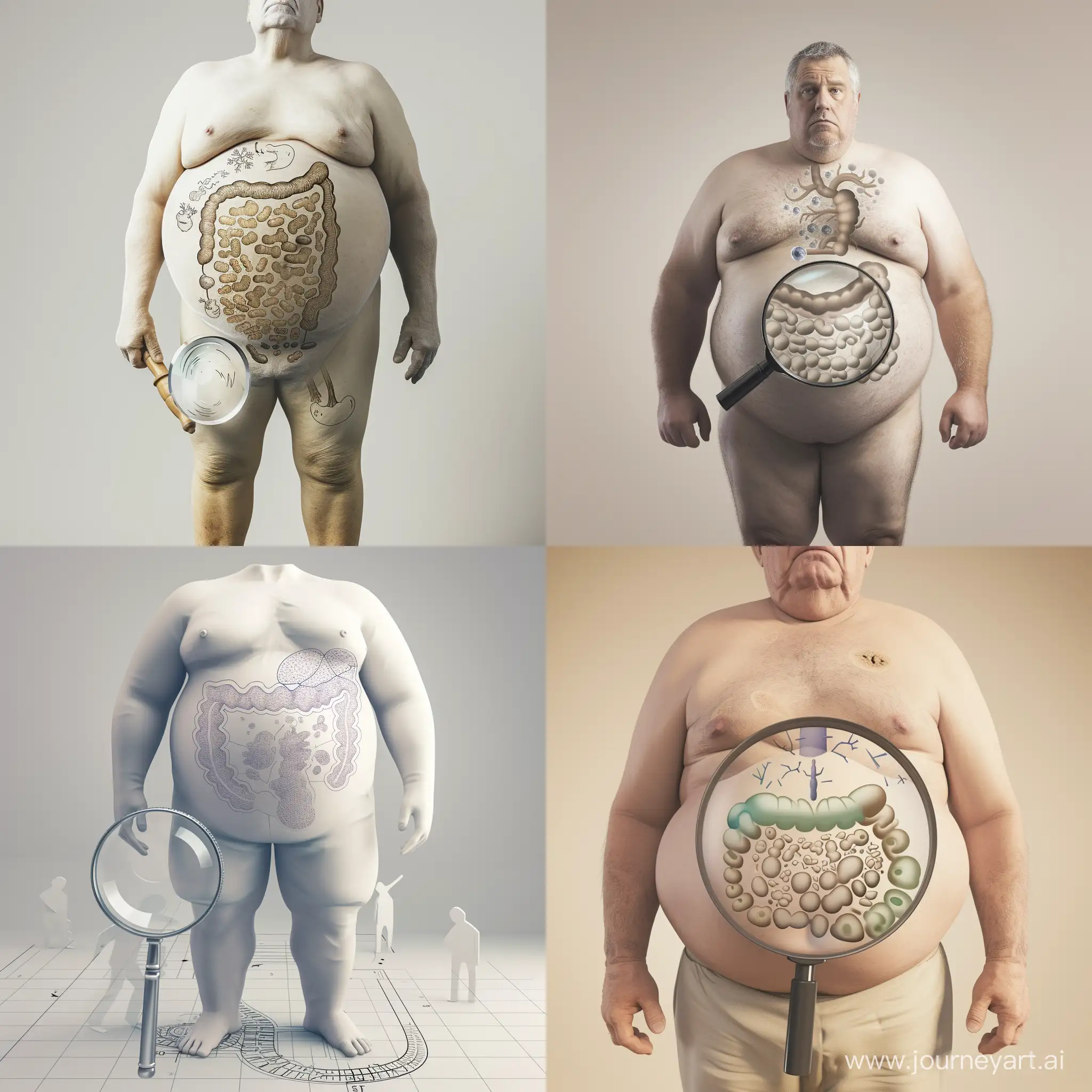 Draw me a tall picture of a person with white skin. There is no need for his body parts to be clear. His height should be around 170 and he should be obese. Draw a large magnifying glass on his stomach that details the shape of the gut and the gut microbiome.
