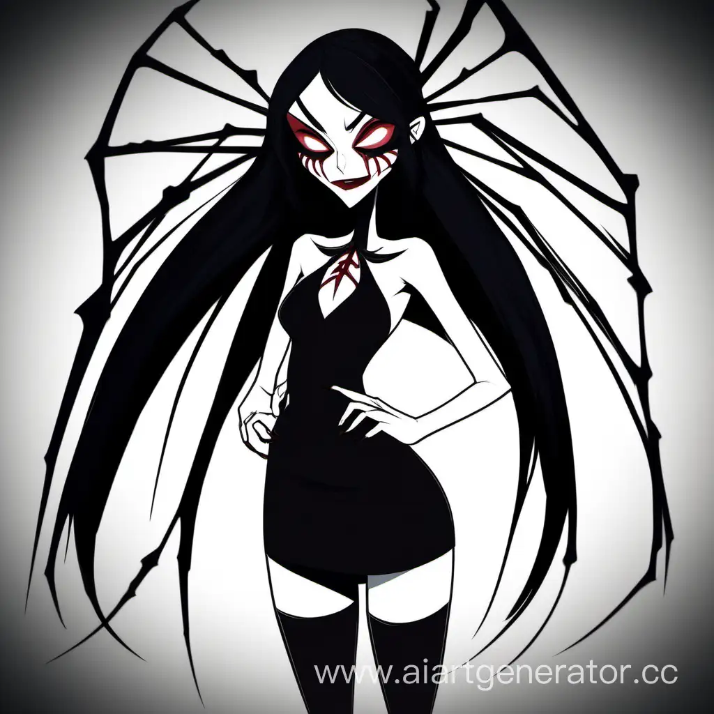 Hazbin Hotel A tall demoness in the shape of a spider. Long black hair and pupil-less eyes. Wearing a black short top and a short tight skirt